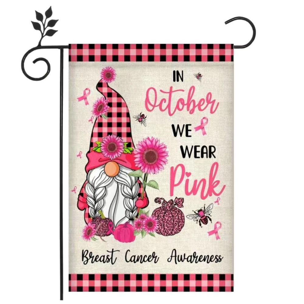 NIP Gnome October Breast Cancer Awareness Garden Flag 18x12 Double Sided Burlap